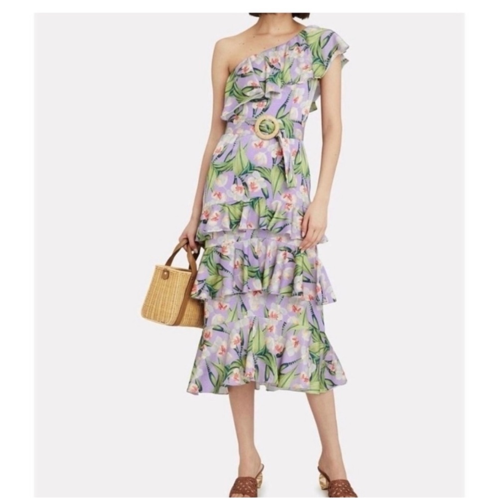 PatBO Purple Lilac Floral One-Shoulder Ruffle Dress, Size 4